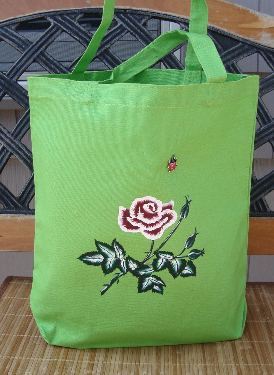 Green Tote Bag Purse with Red Rose and a Ladybug
