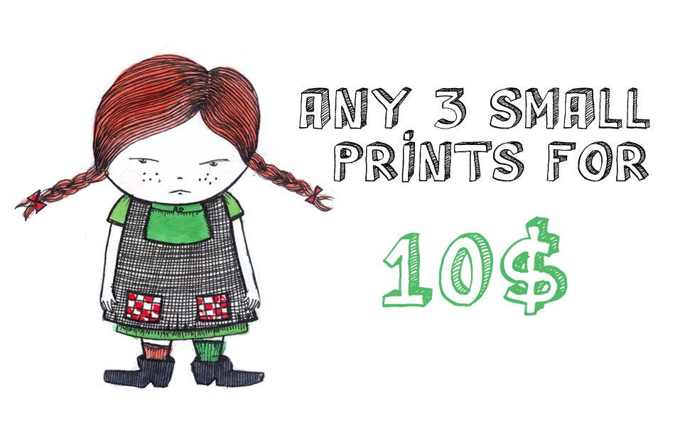 Mix set - ANY 3 SMALL PRINTS in the shop for 20 - Illustration postcard - notecard - card with envelope - greeting card - art print