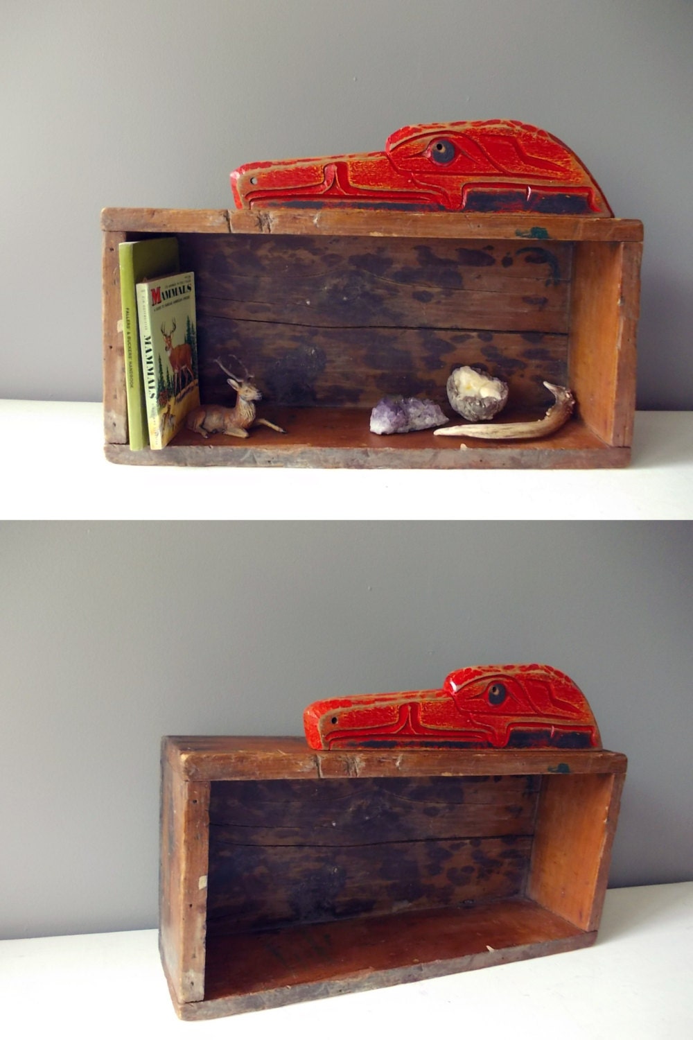 Antique Crate Shelf with Eagle Head Carving : Wood Crate, Wall Decor