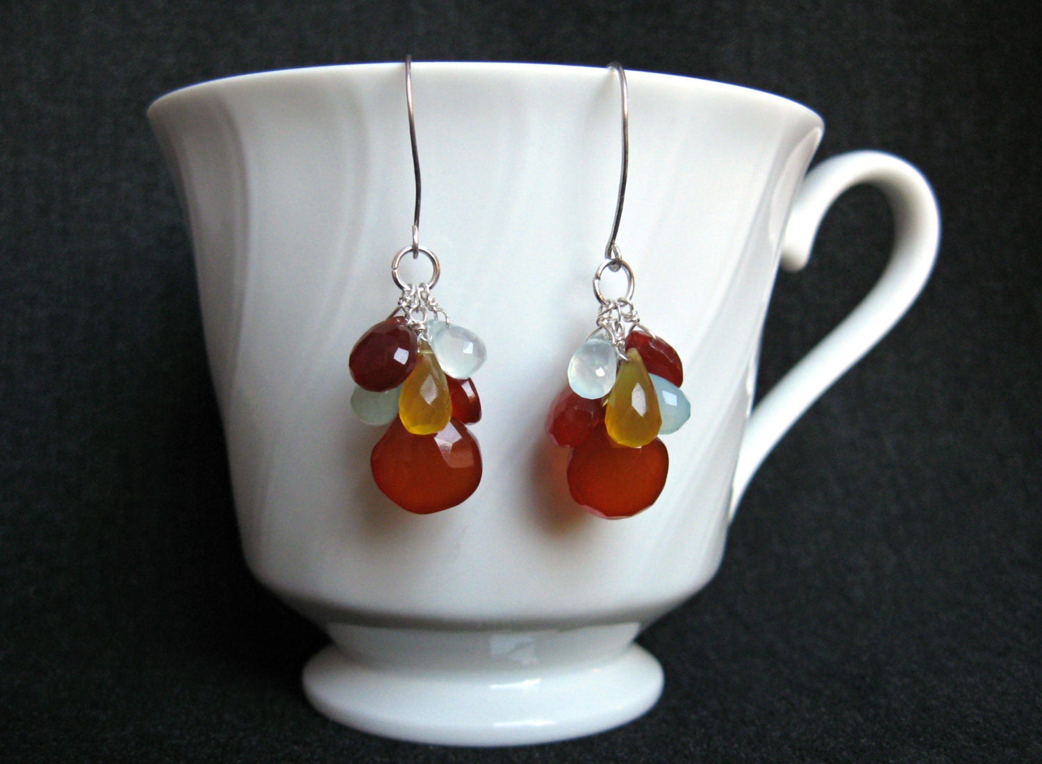 Silver Chalcedony Earrings- Multicolor, Gemstone Cluster