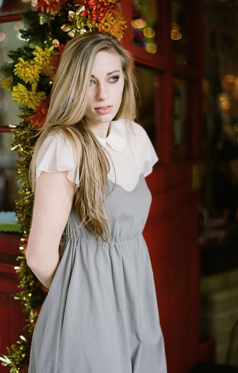Sweetheart dress - rainy grey empire waist babydoll with peter pan collar and sheer mesh, dreamy pretty feminine clothing for women - medium