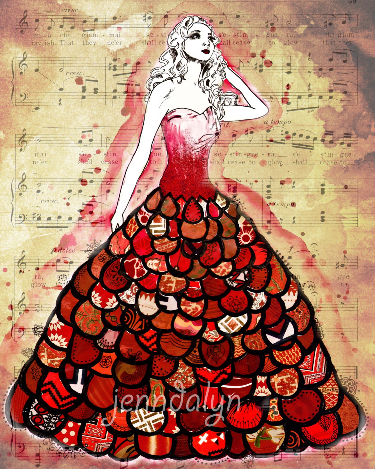 red dress illustration fashion illustration glamorous crimson scarlet burgundy 11 x 14 PRINT fancy dress girls room decor