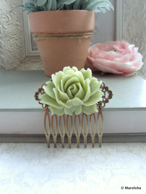 A Soft Green Rose Flower Art Nouveau Antiqued Bronze Filigree Bridesmaid HairComb - Bridesmaid Hair comb. Bridal.