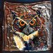 Upcycled FolkArt Painting Great Horned Owl Acrylic Painting Created on a Vintage Metal Ceiling Tile Deep Blues, Rust, Amber Rich Colors