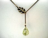 Lariat real grasses necklace - adjustable necklace, glass drop filled with real grasses, lariat bronze leaf