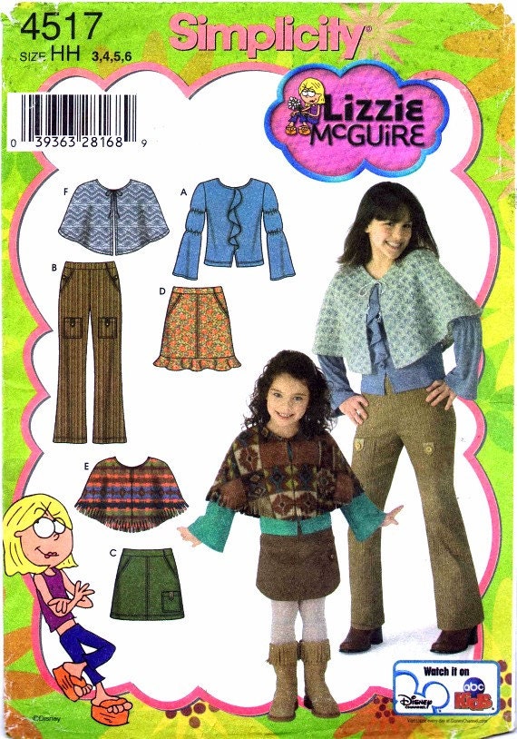 Toddler Girls Pants Skirt Poncho Capelet Knit Top Lizzie McGuire Simplicity 4517 Childrens Sewing Pattern Size 3 - 4 - 5 - 6 UNCUT