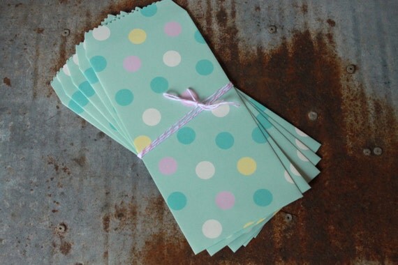 Money Envelopes -- Paper Favor Bags -- 10 count -- aqua w, multi polka dots Il_570xn