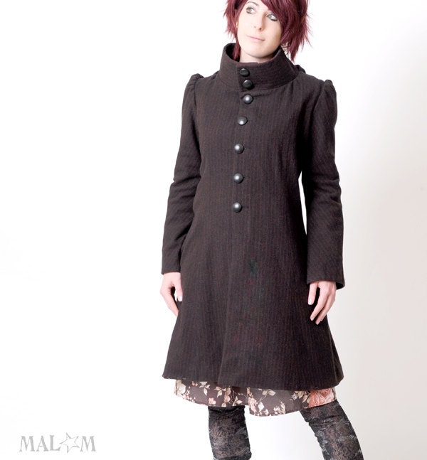 Dark Womens coat - dark brown and red stripes coat with Goblin Hood and tall collar - CUSTOM SIZE - Malam