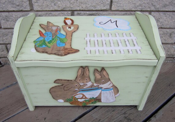 Peter Rabbit Inspired Toy Box Hand Painted Wood 17x11x12 Two Sizes Available