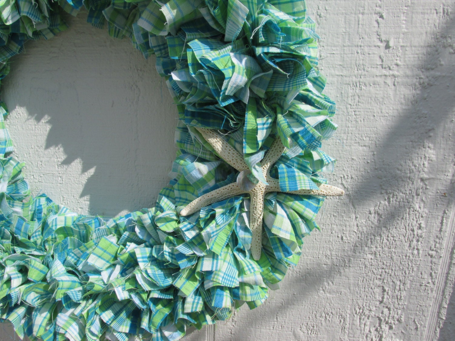 Margarita Starfish Rag Wreath Seersucker Plaid Fabric Rag Wreath Aqua Turquoise White Green Beach spring Door Decor christmasinjuly