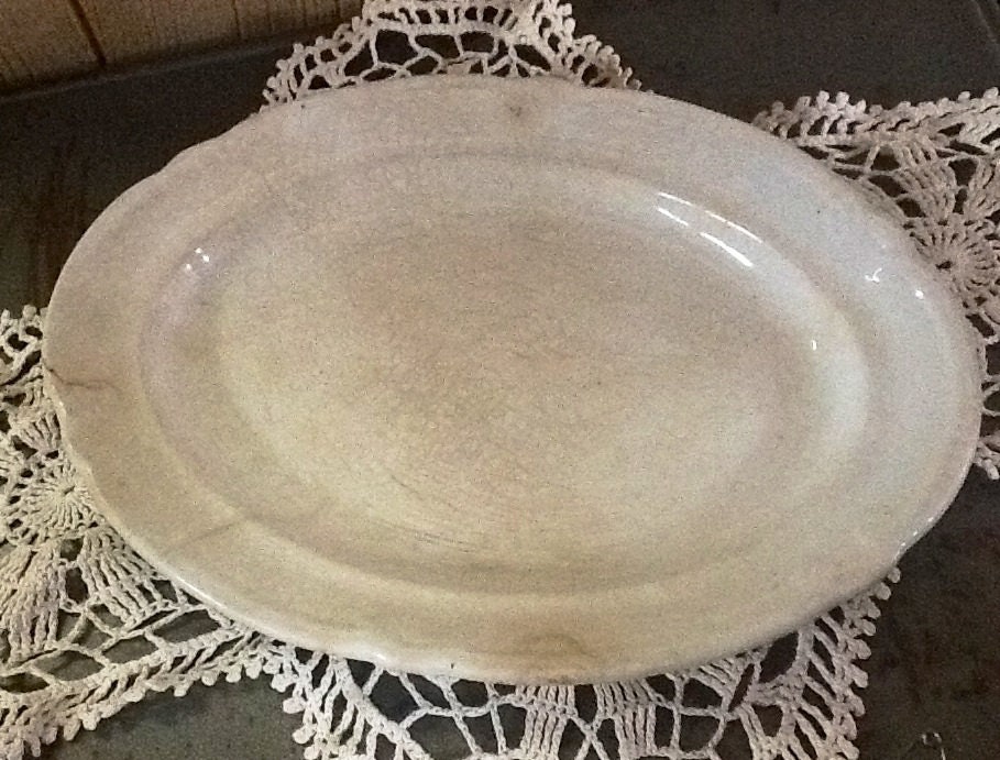 Vintage Antique Well Loved Old Creamy White Ironstone Oval Platter