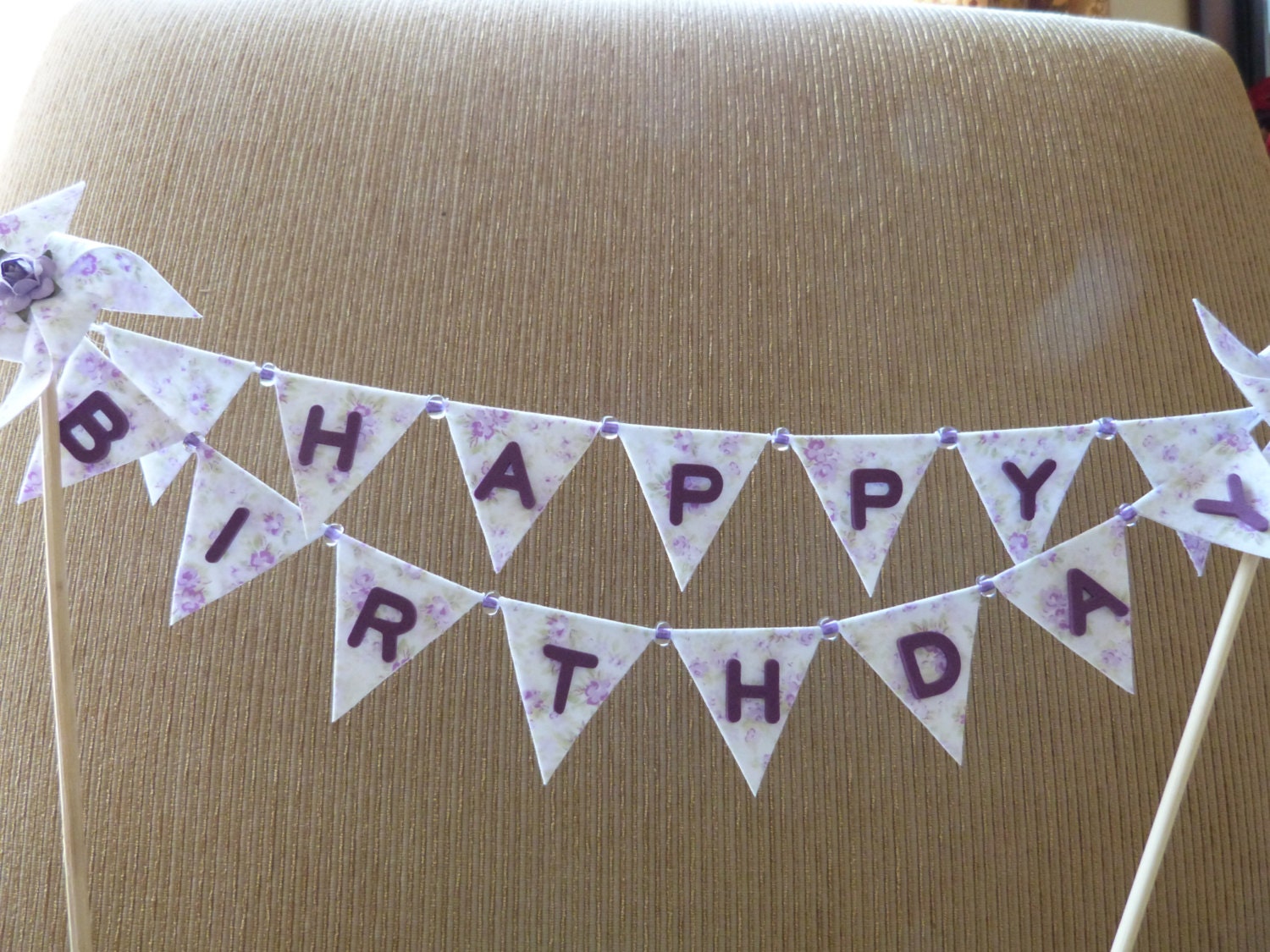 Cake Topper HAPPY BIRTHDAY - Shabby Ashwell Chic Lialc Purple Pinwheeel Flags Banner