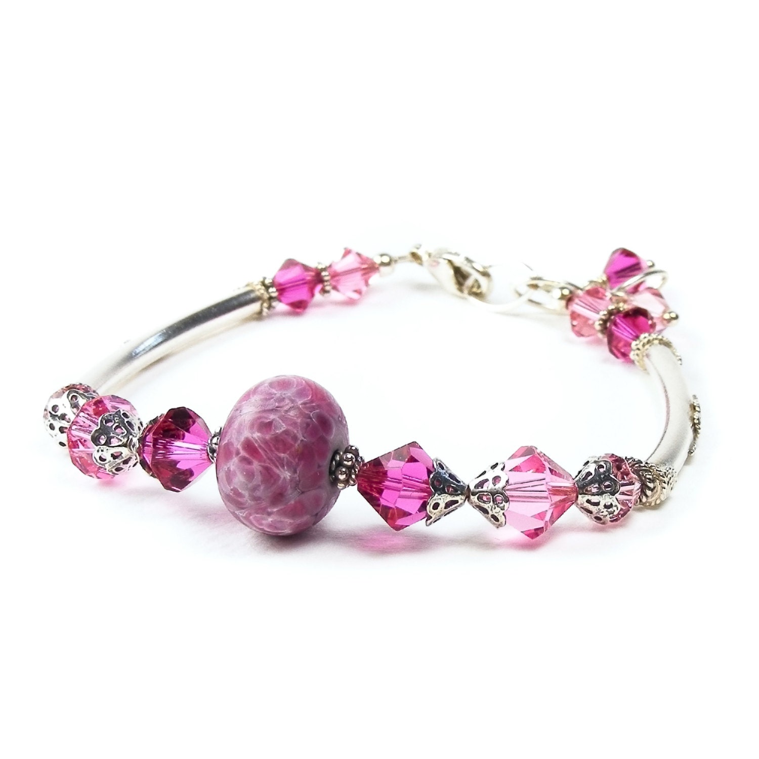 Rose Pink Beaded Bracelet, OOAK Lampwork Glass & Sterling Silver Bracelet, Handmade Beaded Jewelry, Pink Victorian Style Bracelet