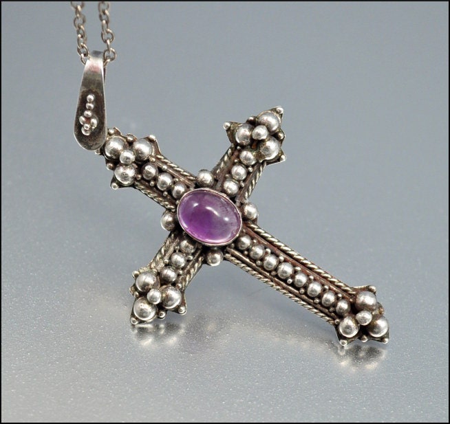 Amethyst Sterling Silver Cross Necklace Beaded Pendant By Boylerpf