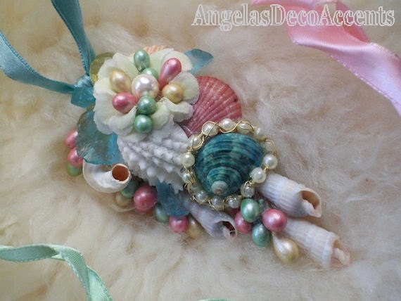 Shells Sea Glass Silk Flower Pendant Choice of Pin or Clip and Ribbon Mint Pink Cream Customize Bridal Beads Flora Shell Chic 300 a - AngelasDecoAccents