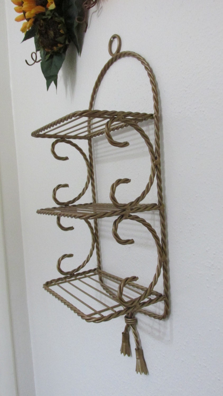 Wire Shelf Unit 3 Tiered Twisted Gold Metal Wall by LuRuUniques