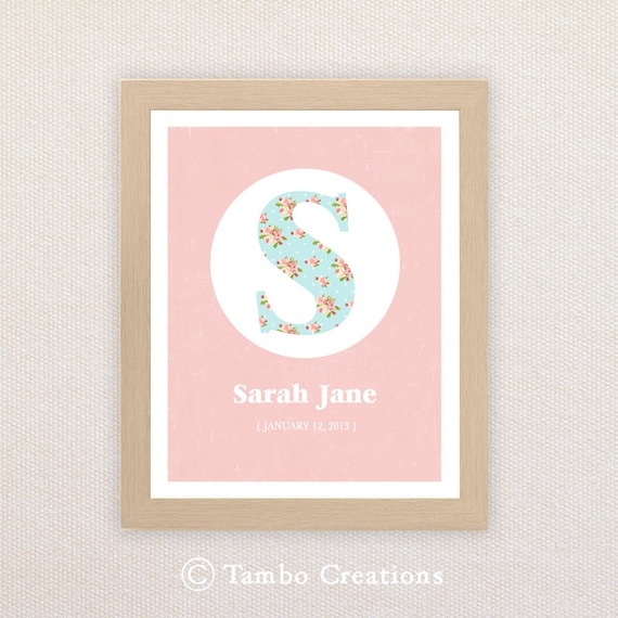 Printable Personalized Nursery Wall Art. Floral Initial Design. Il_570xn