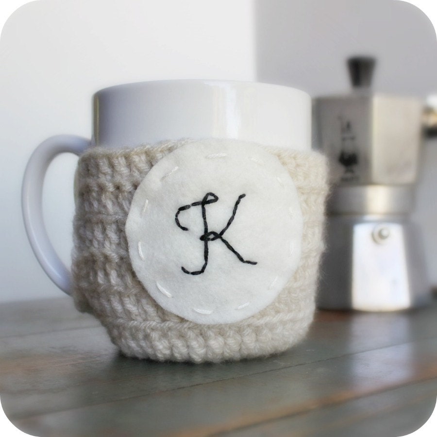 Personalized Coffee Mug Cozy Tea Cosy cream black white crochet cover monogram name initial Letter K