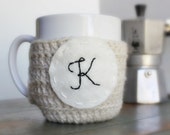 Personalized Coffee Mug Cozy Tea Cosy cream black white crochet cover monogram name initial Letter K