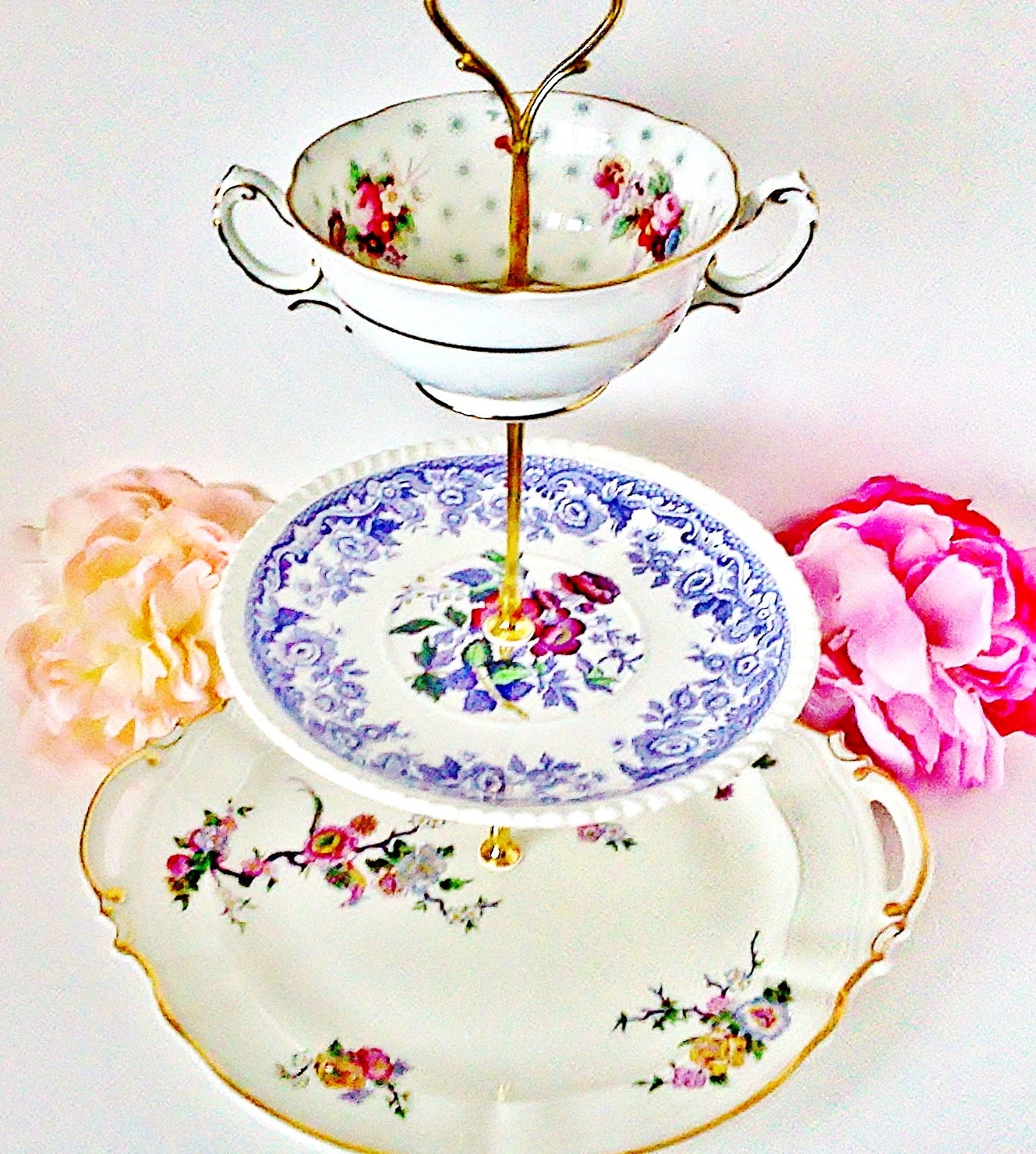 The Céline Vintage China Dessert Tea Stand by Le Petit Pretties - 3 Tier
