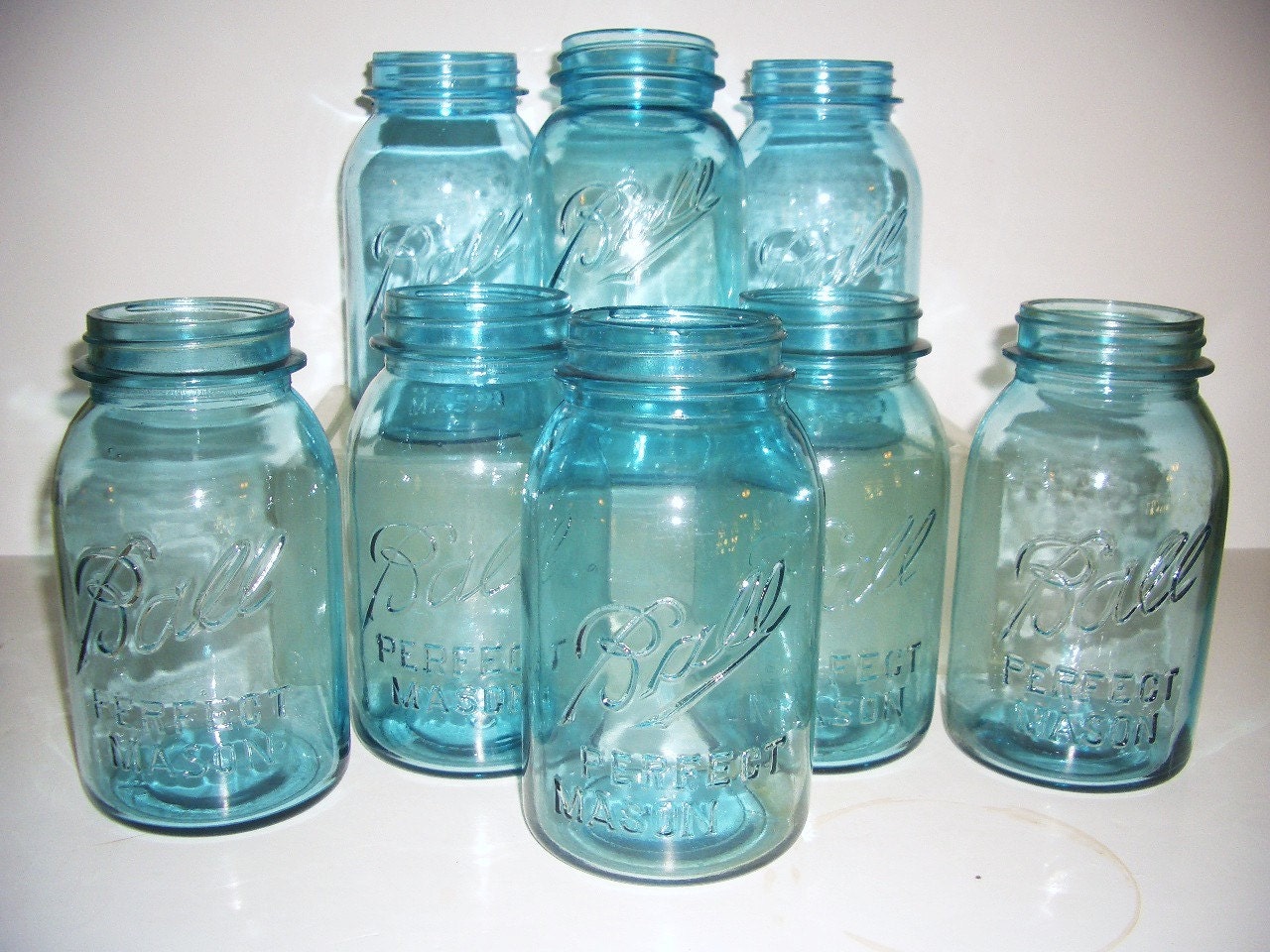 3 Blue Mason Quart Ball Jars Embossed Script 1930s