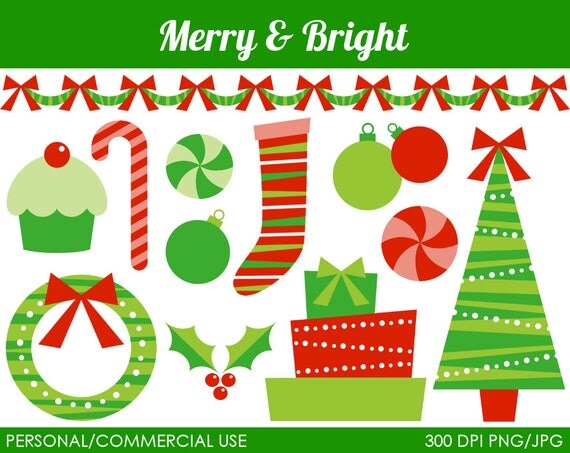 Merry and Bright Christmas Clipart - Digital Clip Art Graphics for Personal or Commercial Use Il_570xn