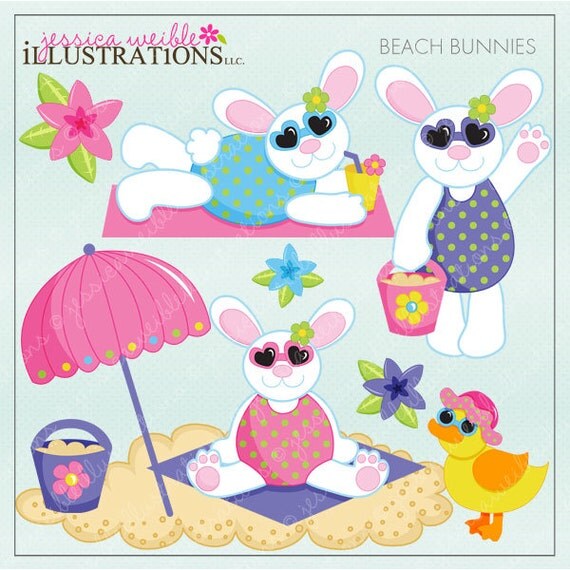 Beach Bunnies Cute Digital Clipart for Invitations, Card Design, Scrapbooking, and Web Design, Beach Easter Clipart Il_570xn