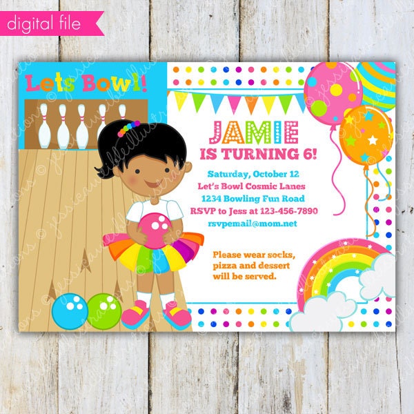 Girly Rainbow Bowling Theme - DARK - Printable Invitation- BLANK Party Invitation- Rainbow Bowling Party Printable Invite Il_570xn