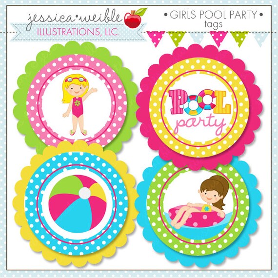 Girls Pool Party Theme - Printable Party Tags - Cupake Toppers - Printable Party Favors - Swimming Party Printables Il_570xn