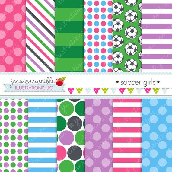 Soccer Girls Cute Digital Papers Backgrounds for Personal and Commercial Use, Soccer Patterns Soccer Backgrounds Il_570xn