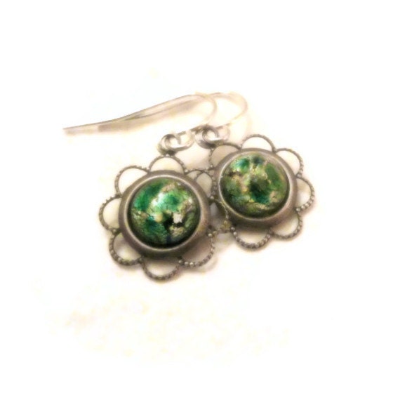 Blue Green Earrings Bright Marbled Green Earrings Green Flower Earrings Dangle Earrings