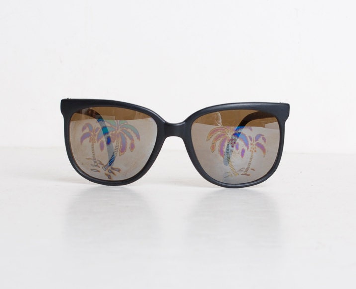 Vintage 80s Matte Black Hologram Palm Tree Sunglasses Shades
