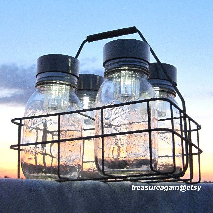 Ball Solar Jar Lights Basket 4 Canning Jars, Antique Milk Bottle Carrier, Dairy Basket with Canning Fruit Jars, Mason Jar Solar Lighting