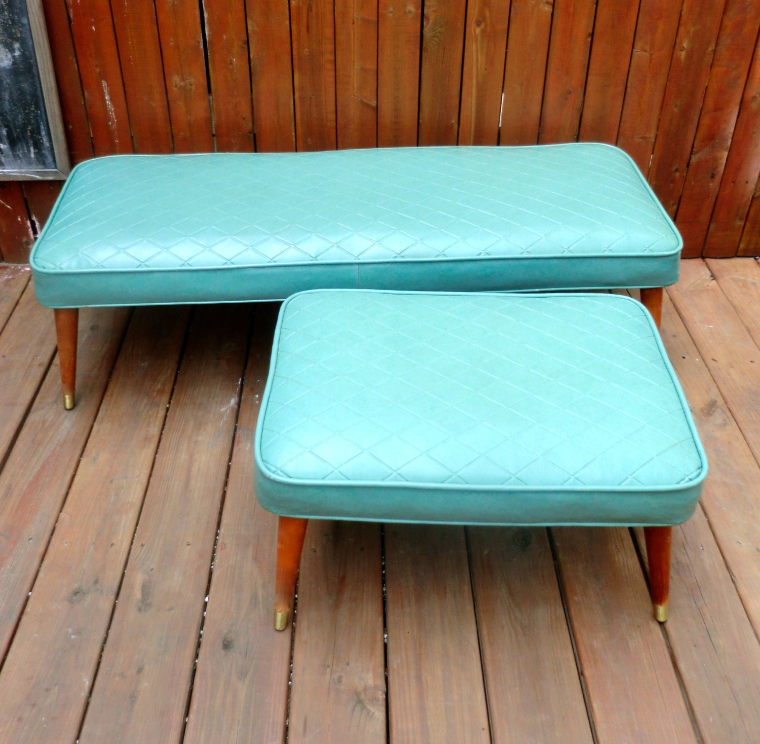 Mid Century Matching Bench and Ottoman footstools