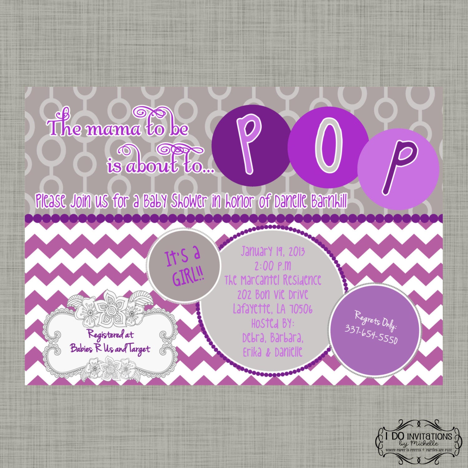 The mama to be is about to POP Baby Shower Invitation - Purple & Gray - Digital File Il_570xn