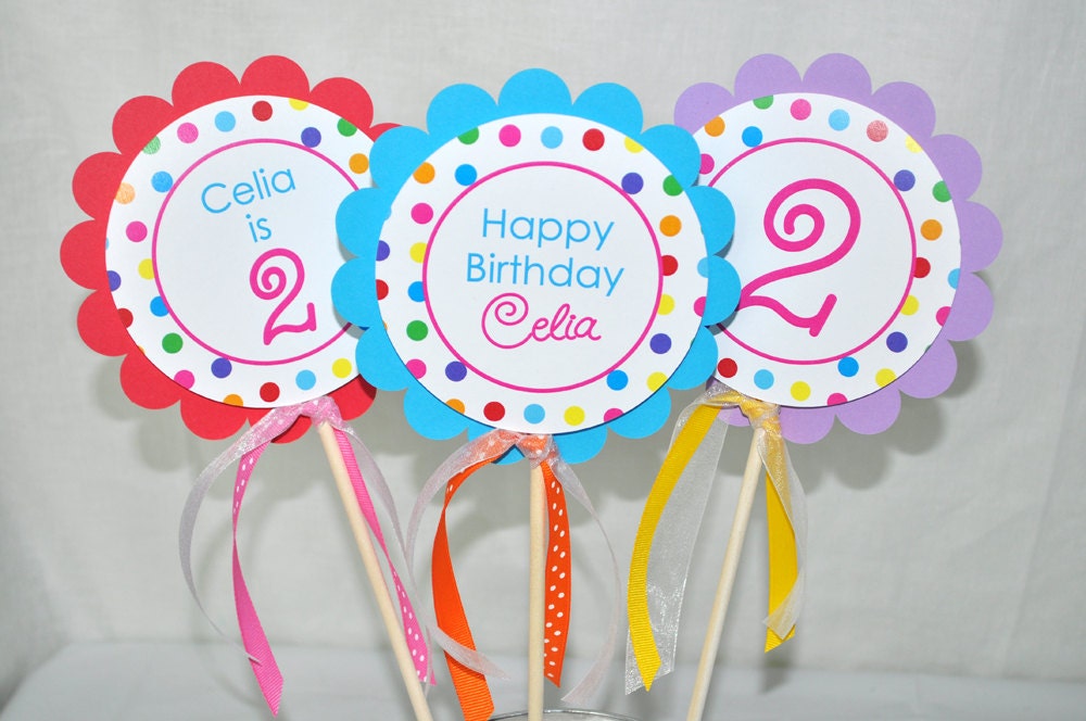 3 Centerpiece Sticks - Girls 1st Birthday - Colorful Polkadots - Birthday Party Decorations Il_570xn
