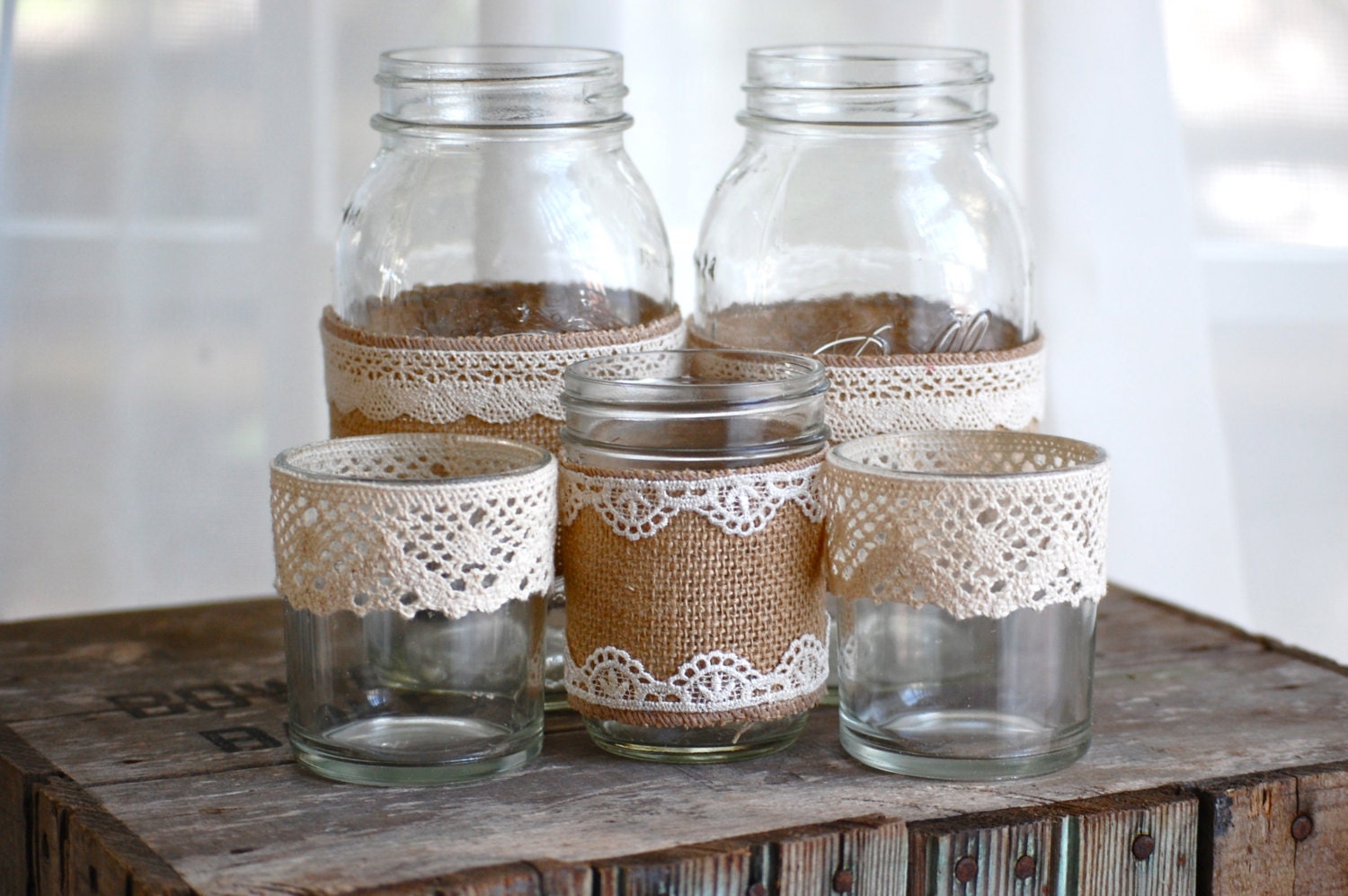 Burlap and lace mason jars / rustic wedding / country wedding / vase - HeidieWithAnE
