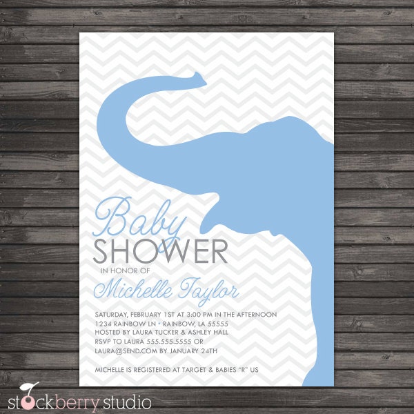 Chevron Light Blue and Gray Elephant Baby Shower Printable Invitation Il_570xn