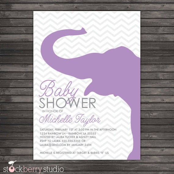 Chevron Purple and Gray Elephant Baby Shower Printable Invitation Il_570xn