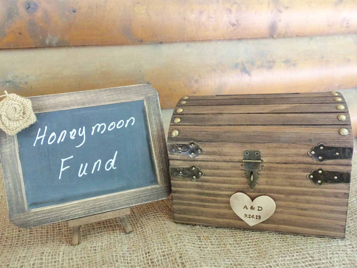 Rustic Wedding Box Set - Cute Box and Chalkboard Sign - Honeymoon Fund, Guest Book Alternative