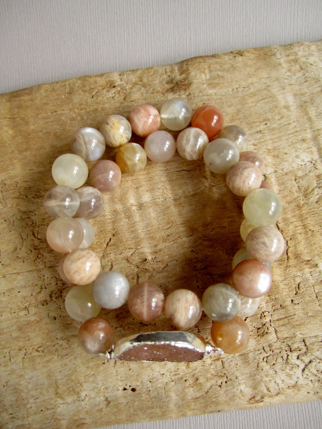 Druzy Stretch Bracelet Drusy Quartz Peach Moonstone Wrap