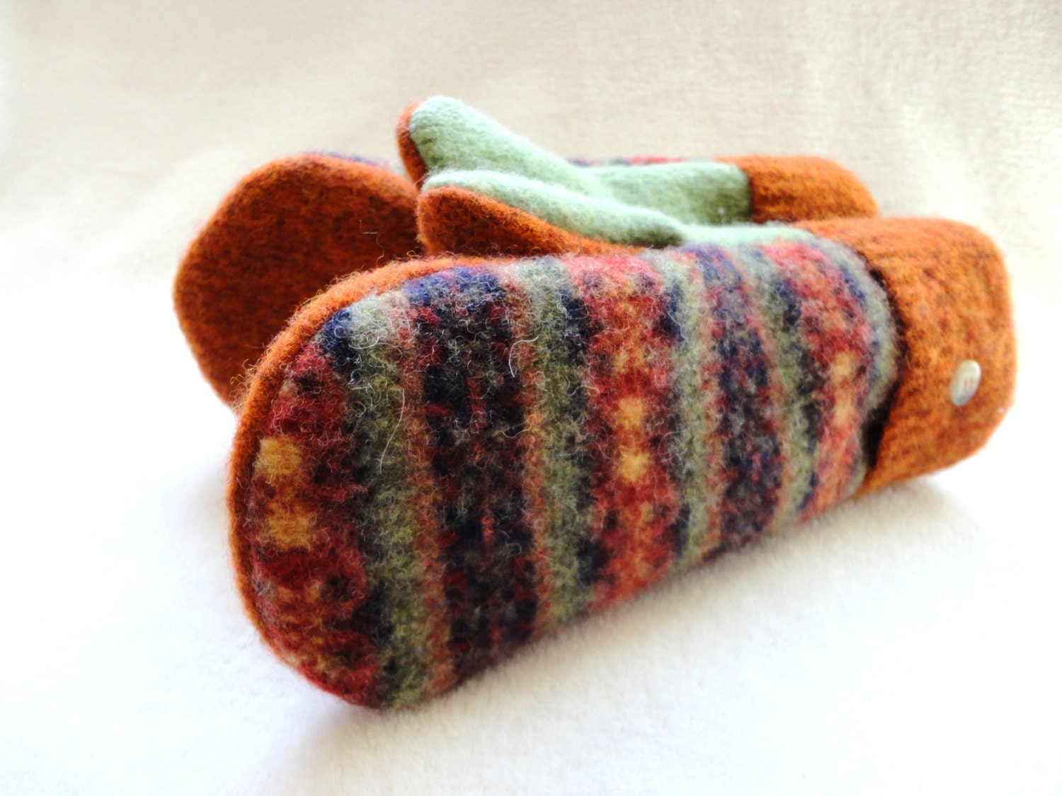 Fall Colors Mittens Green & Rust Fair Isle Recycled Sweater Wool Mittens Cashmere Lined by WormeWoole