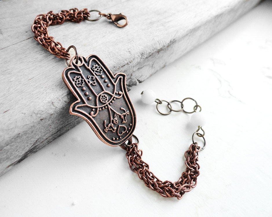 Halloween SALE - White Czech Glass Beads, Antique Copper Hamsa Hand Charm Handmade Bracelet (Get 12% OFF) - XiaoStop