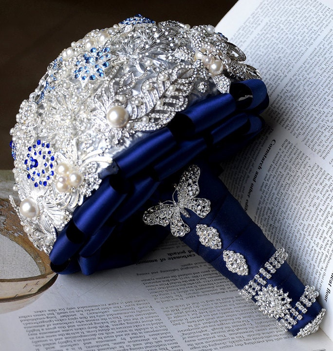 Bridal Brooch Bouquet Pearl Rhinestone Crystal Silver Royal Dark Blue Vintage Luxury Shining Like Diamond - BB030LX