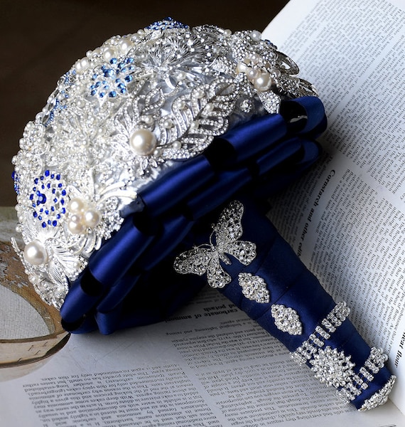 Bridal Brooch Bouquet Pearl Rhinestone Crystal Silver Royal Dark Blue Vintage Luxury Shining Like Diamond - BB030LX