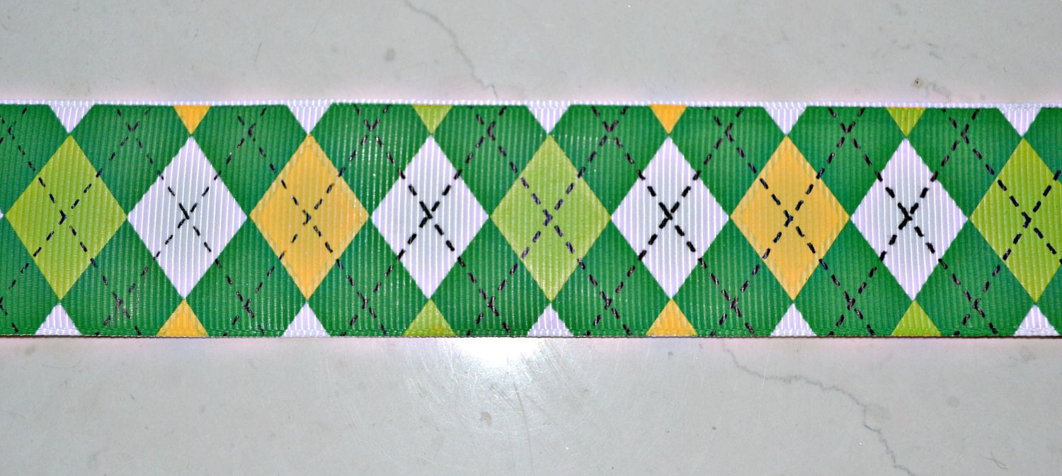 Green and yellow argyle on white 1 1/2" grosgrain ribbon- St Patricks day Oregon Ducks Il_570xn