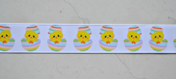 Yellow chicks hatching from an striped Easter egg 7/8" grosgrain ribbon Il_570xn