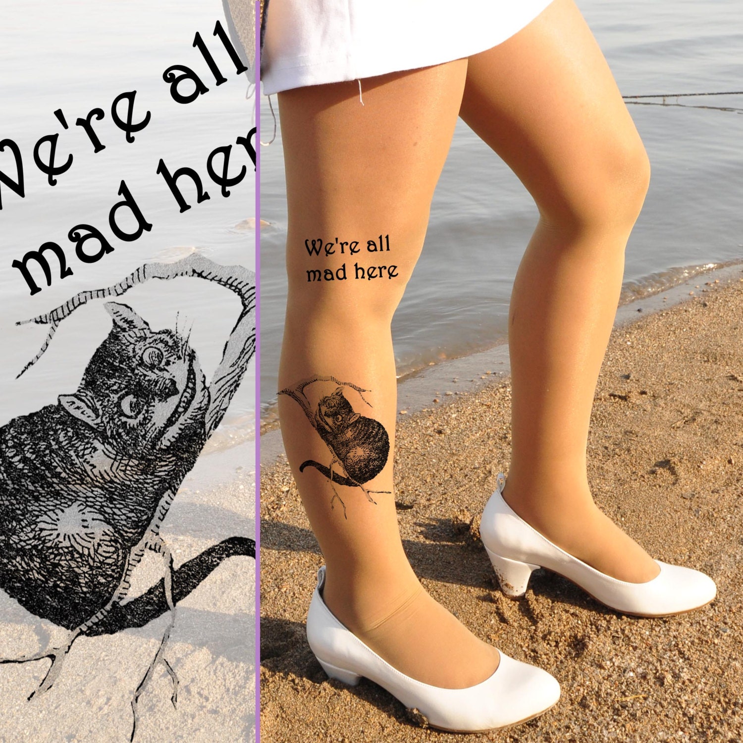Tights -Alice in Wonderland - CHESHIRE  CAT size M /  L / XL  full length tattoo leggings -Nude ,Vanilla,Light Mocha,Grey