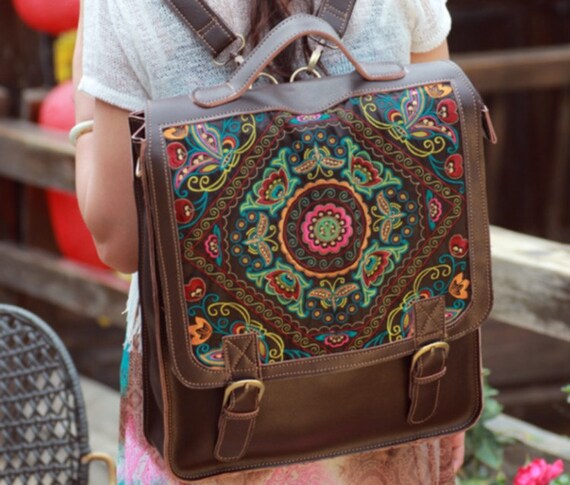 Handmade leather bag/backpack bag/satchel. Available in different leather colors and embroidery pattern