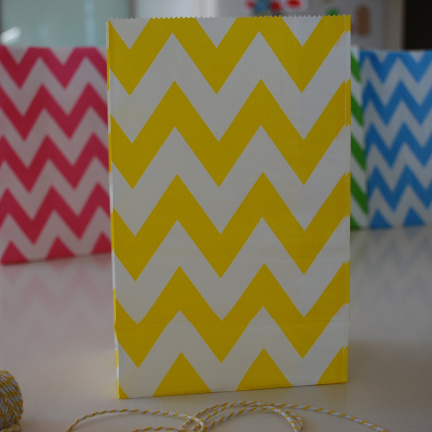 Paper Bag - 12 White with Yellow Chevrons - Flat Bottom Bags / Party / Lolly / Favour / Wedding / Packaging / Loot / Gift Bag Il_570xn